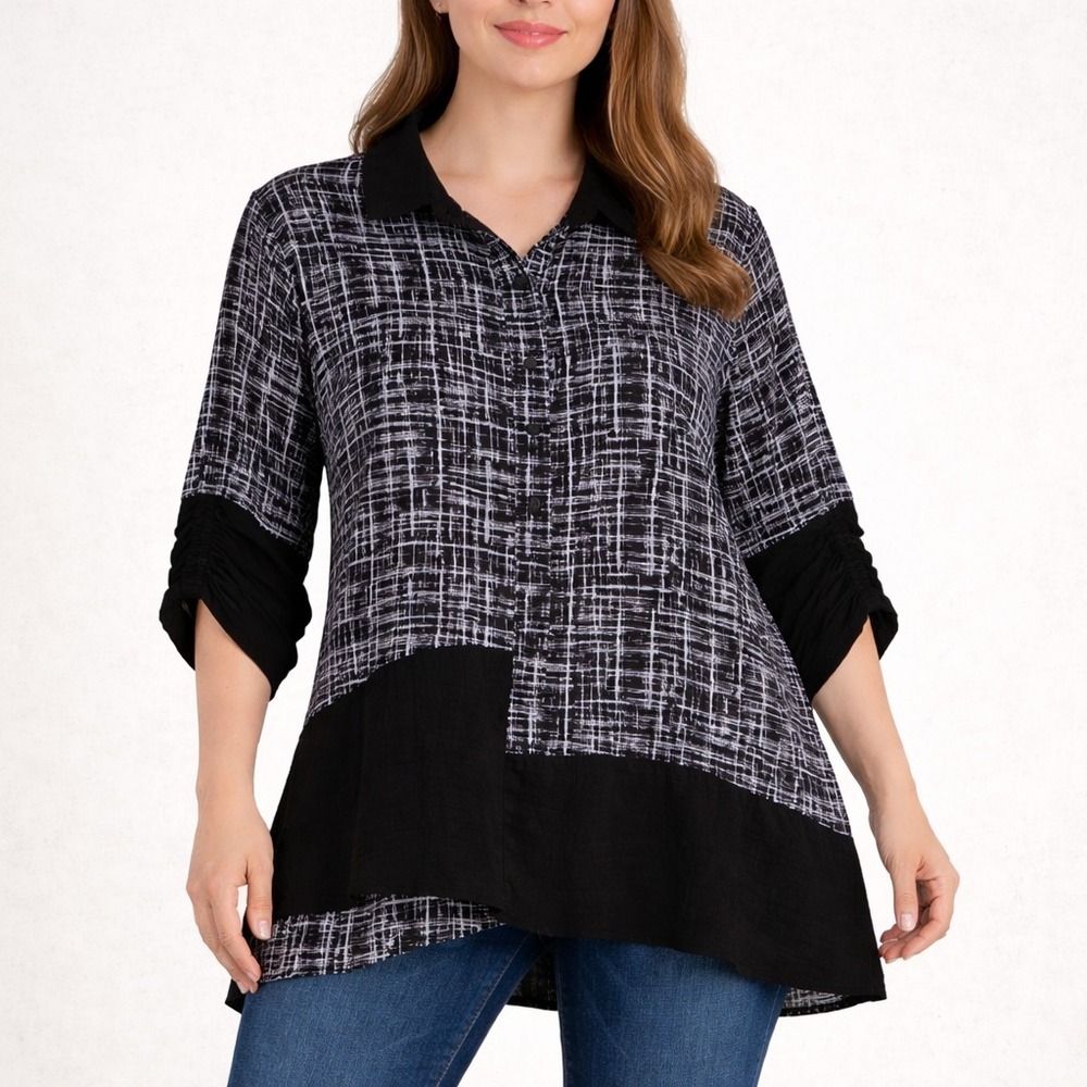 Ali Miles Tunic Blouse Womens 2X Asymmetrical Hem Button Front Abstract